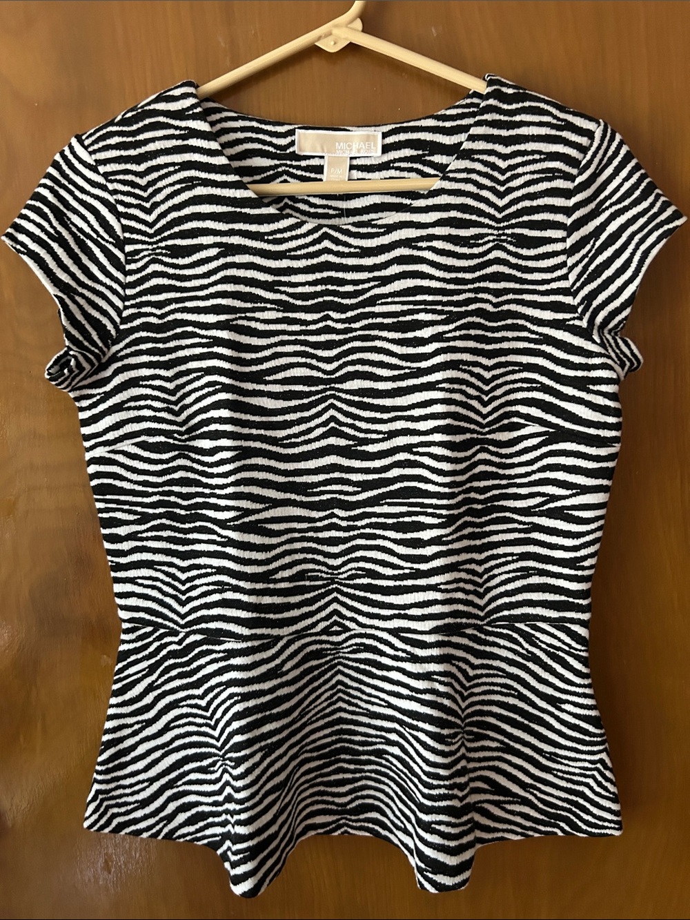 Michael Kors Black and White Zebra Print Short Sleeve peplum top